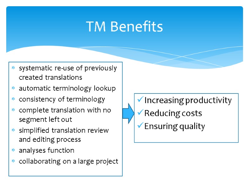 TM Benefits  systematic re-use of previously created translations automatic terminology lookup consistency of